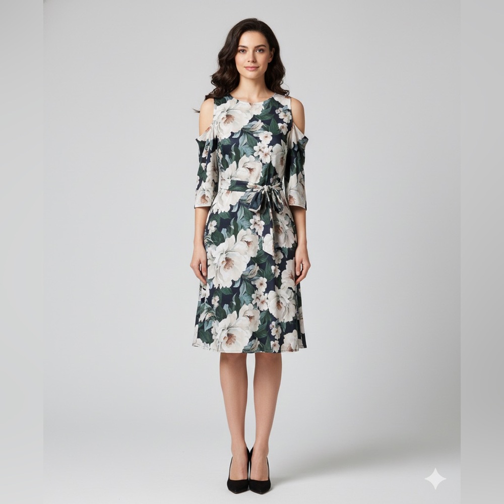 Green and White Cold Shoulder Midi Floral Sundress with Sash